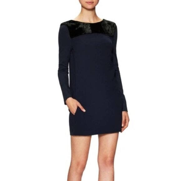 Maje Navy Blue Faux Fur Black Collar  long sleeve mini dress EU 36 - Picture 1 of 13